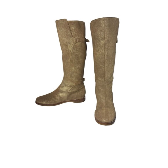 JIMMY CHOO SUEDE & RABBIT FUR GOLD LEATHER TALL 1" HEEL BOOTS 40 US 9- READ